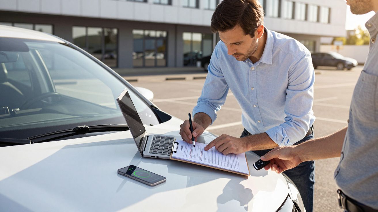 Man signs document on car bonnet with laptop and smartphone nearby, another hand holds car keys.