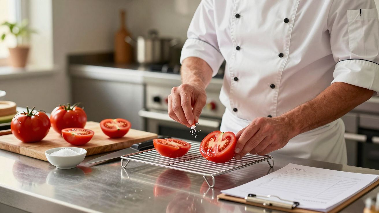 Chef seasoning halved tomatoes on a wire rack in a kitchen, with whole tomatoes and a clipboard nearby.