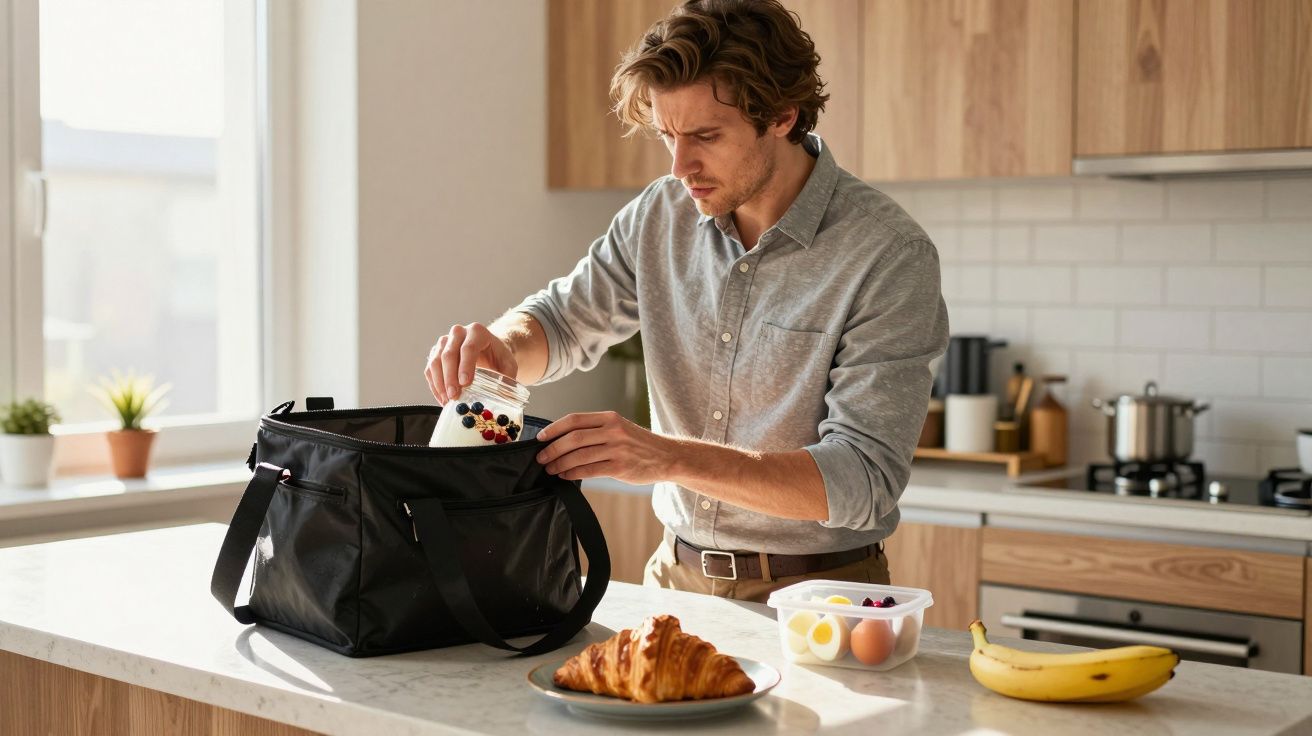 Man packing lunch in a kitchen, placing fruit in a black bag. Croissant and banana on the counter.