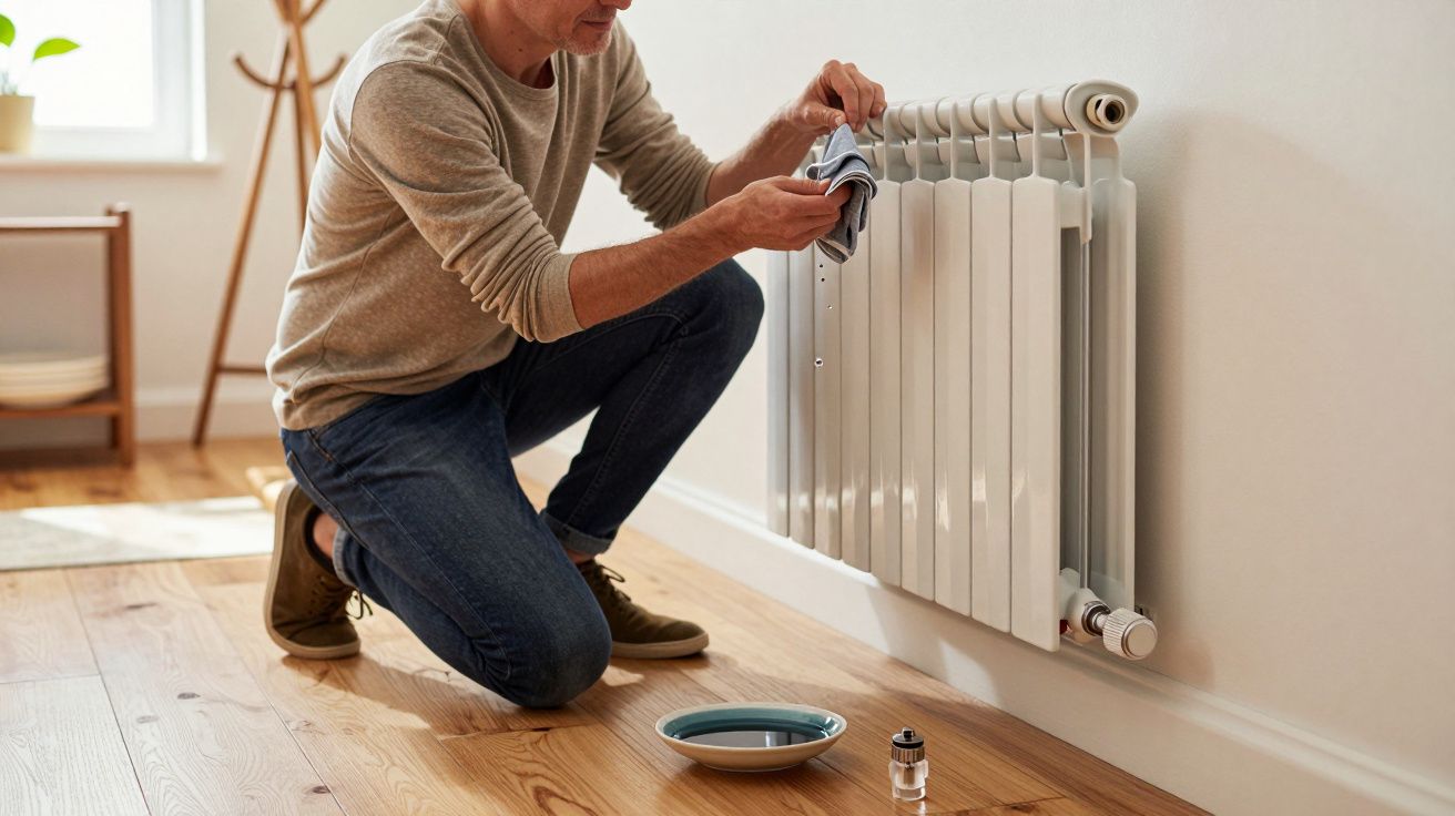 Man cleaning radiator with cloth while kneeling on wooden floor, bowl and small bottle nearby.