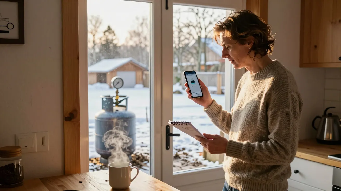 Person holding a smartphone and notepad in a kitchen, with steam rising from a mug on the table, snowy garden outside.