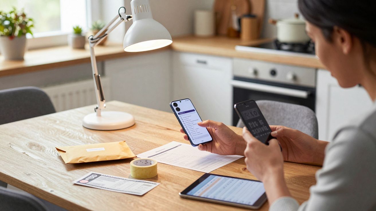 Woman managing finances on smartphones and tablet at a kitchen table, with mail and lamp nearby.