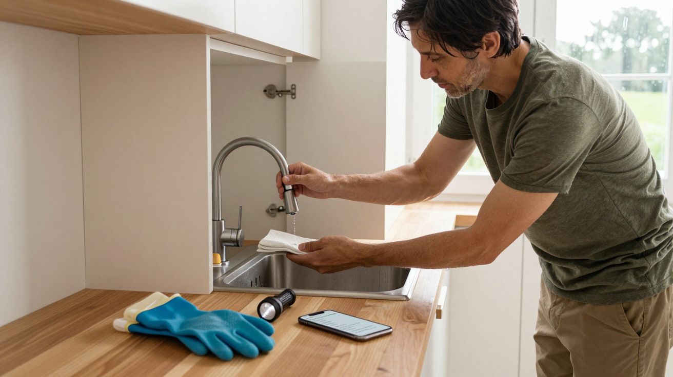Man in a kitchen fixing a sink tap, with gloves, torch, and phone on the countertop.