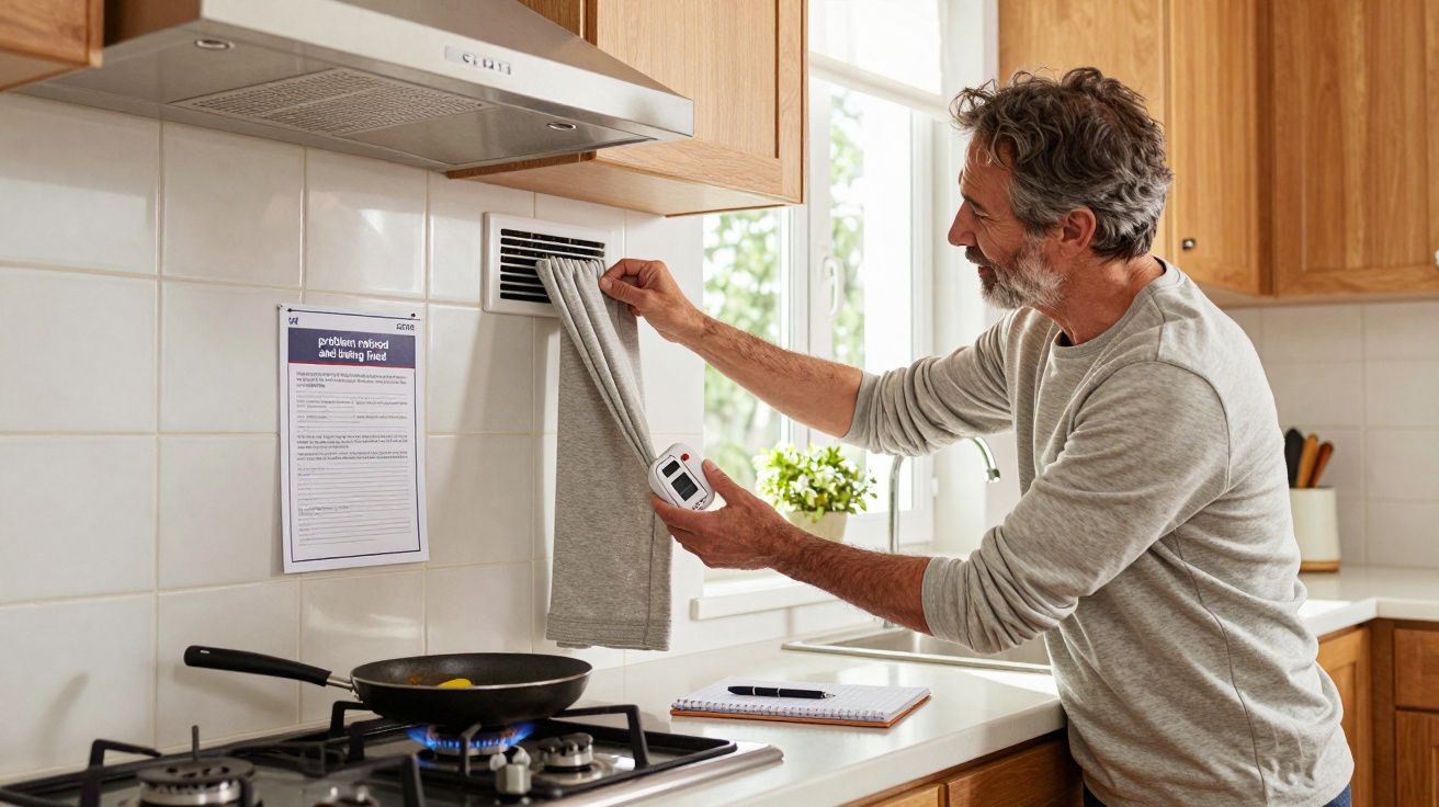 Man testing kitchen extractor fan with anemometer while frying pan is on gas hob.