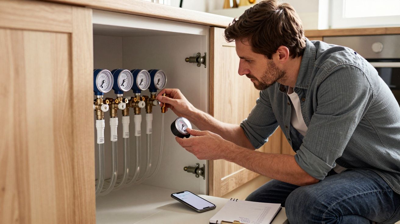 Man adjusting pressure gauges under a kitchen sink with a clipboard and smartphone nearby.