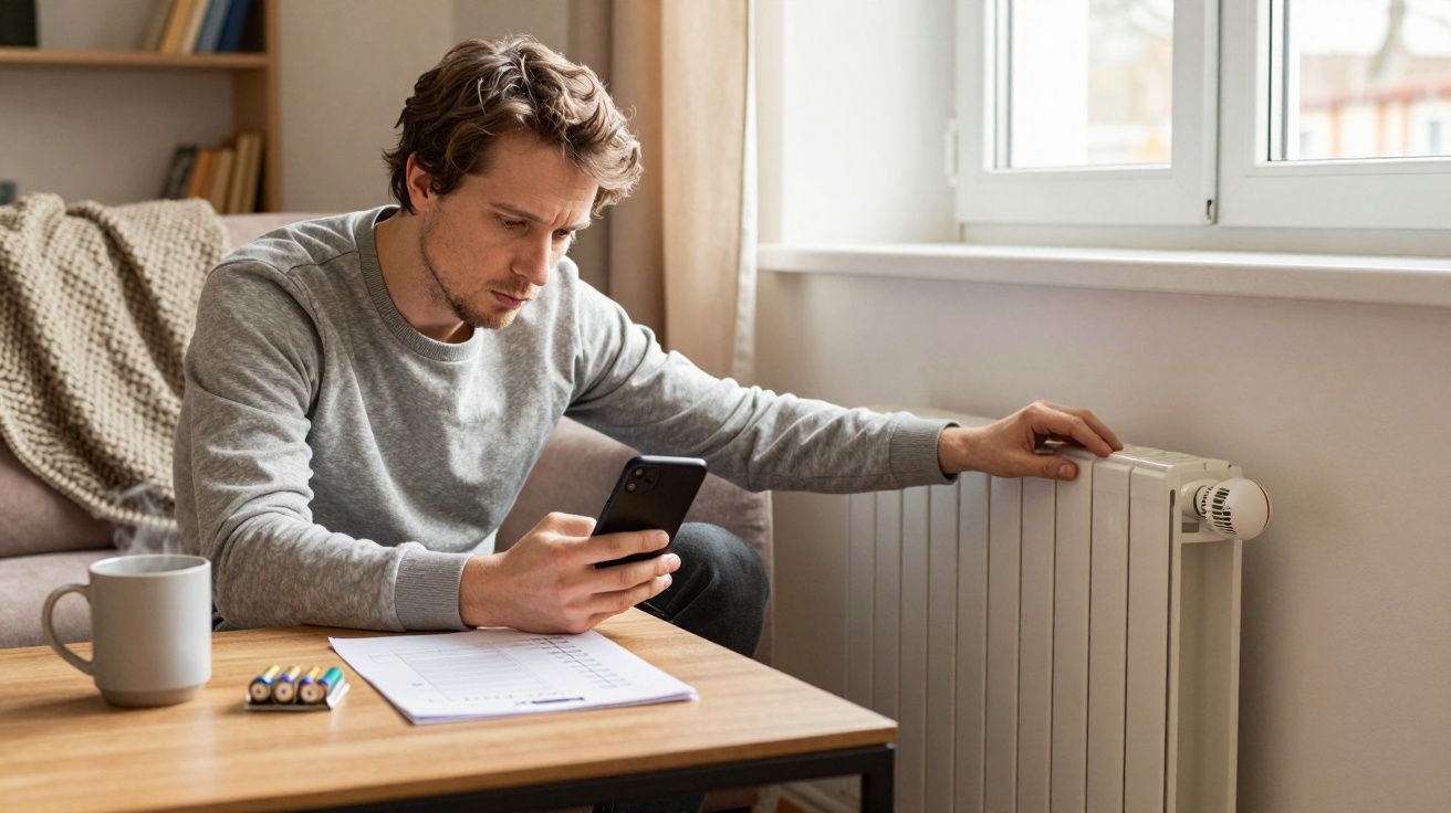 Man adjusting radiator thermostat while looking at phone, with bills and a mug on the table.